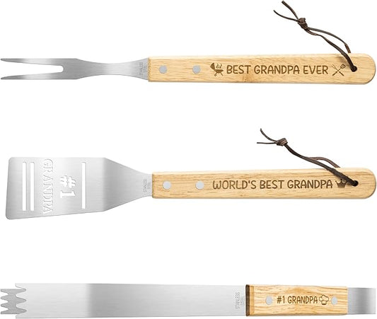 Haooryx Grandpa Grilling BBQ Tool Accessories Set - 3Pcs Best Grandpa Ever Stainless Steel Grilling Spatula Tong Fork Father's Day Birthday Present Outdoor Camping Barbecue Housewarming Party Supplies