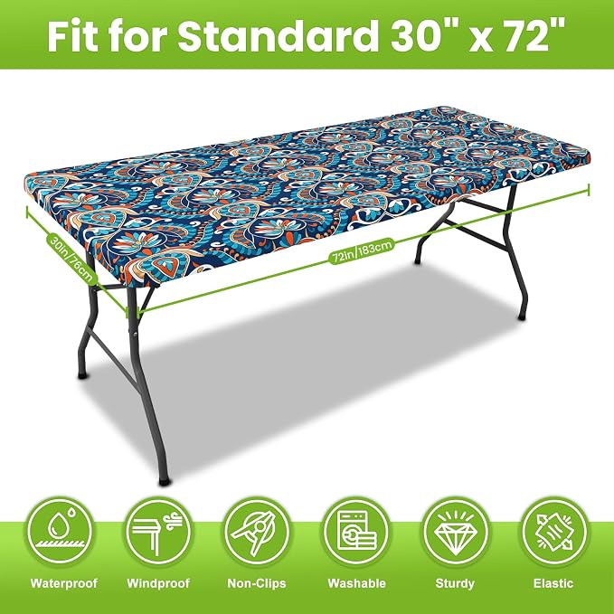 Smiry Spandex Fitted Tablecloth for 6 Foot Rectangle Tables, Washable Picnic Table Cover with Elastic, Stretch Reusable Table Cloth for Outdoor, Camping, Dining & Kitchen (Peacock Paisley, 30"x72")