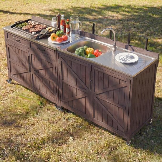 Outdoor Kitchen Island Set, 2 Piece Modular Solid Wood Set, 304 Sink Stainless Steel Station with Faucet, Drawer, 2 Door Shelves, Outdoor Storage Cabinet with Wheels for Backyard, Patio, Dark Brown