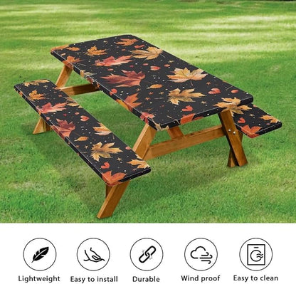 Classic Maple Leaf Elastic Fitted Table Cloth for Camping Party Supplies 3 PCS Set Thanksgiving Outdoor Picnic Table Cover with Bench Covers