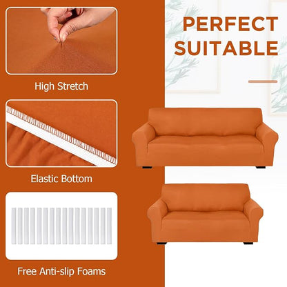 Peryiter 2 Pcs Couch and Loveseat Sofa Covers,Orange,Milk Silk | Armchair Covers for Living Room, Sofa Cushion Slipcover 2/3 Seater, Furniture Protector, Polyester and Spandex, Washable