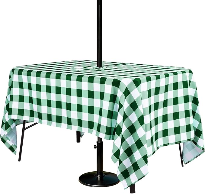 Poise3EHome Rectangle Outdoor Tablecloth with Umbrella Hole and Zipper,Green and White Gingham 104x60 Inch,SpillProof Washable Table Cloth for Spring Summer Patio Garden Poolside Picnic Camping BBQS