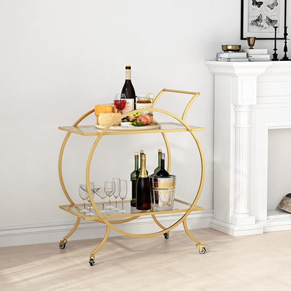Gold Bar Carts for The Home Bar Serving Cart, Rolling Bar Cart Gold with Lockable Caster Wheels, Glass Bar Carts with 2 Mirrored Shelves, Storage Round Wine Carts for Kitchen, Party