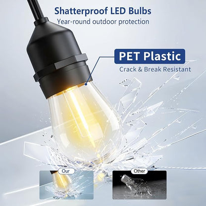48FT Outdoor String Lights, Remote & Waterproof, Connectable | 2FT Spacing, Heavy Duty Commercial Grade, 18 AWG Cord, 24+2 Shatterproof Bulb, IP65, Timer & Dimmable, 2700K Warm White, Yard