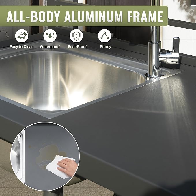 Domi Outdoor Kitchen Island, 5-Piece Modular Kitchens Counter with Whole Aluminum Finish & Shelf & Wall Hanging & Countertop & Sink & Storage Box & Cover, Kitchen Series for Deck Patio, Dark Gray