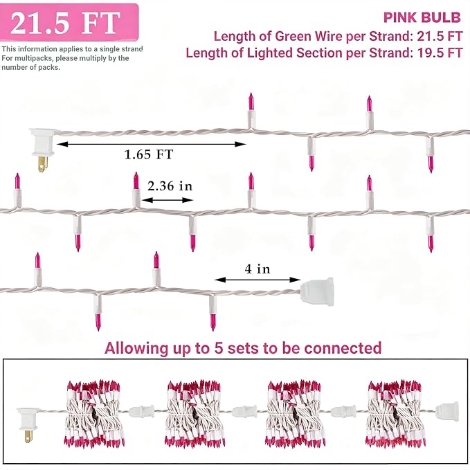 Pink Christmas Lights, 100 Count, Incandescent Mini Valentines Day Lights | White Wire Connectable Xmas Fairy String Light, UL Certified for Indoor Outdoor Garland Holiday Wedding Festival Party