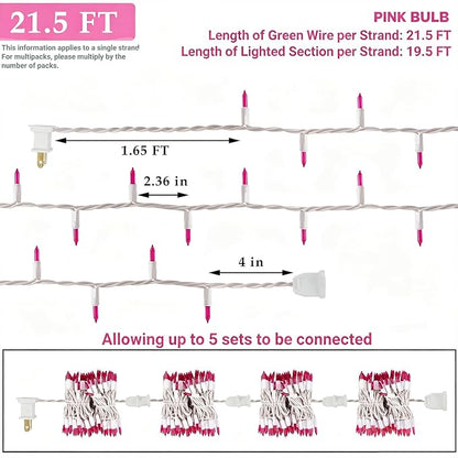 Pink Christmas Lights, 100 Count, Incandescent Mini Valentines Day Lights | White Wire Connectable Xmas Fairy String Light, UL Certified for Indoor Outdoor Garland Holiday Wedding Festival Party