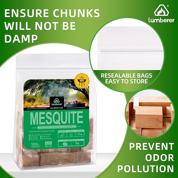 Lumberer Mesquite Wood Smoking Chunks – Strong Southwestern Flavor for Red Meat – 100% Natural, Long Burn – 4LBS, Clean & Additive-Free