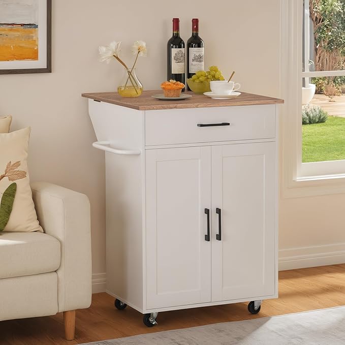 MAHANCRIS Kitchen Island on Wheels with Drop Leaf, Folding Countertop Kitchen Island Cart, Kitchen Island Table with Towel Rack, Drawer, for Kitchen, Dining Room, White and Walnut KIBZ12501