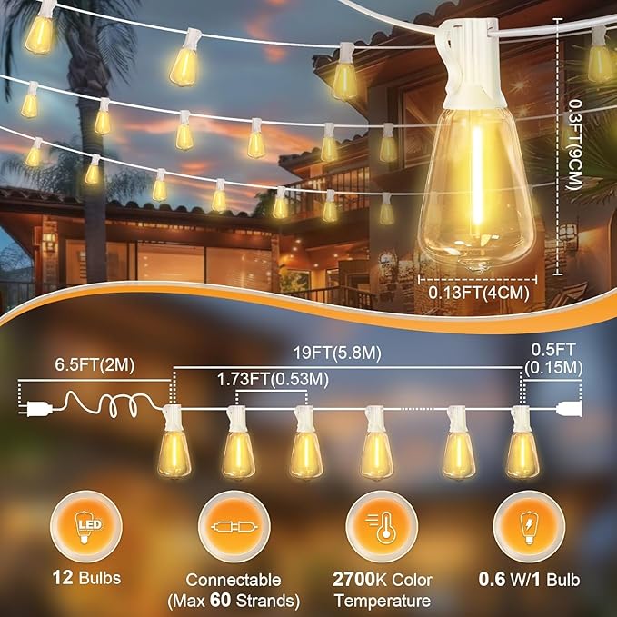 LAMPHOME 2-Pack 26FT Outdoor Patio Lights, 2700K Warm White String Lights，12+1 LED Waterproof Shatterproof Edison Bulbs, Dimmable with Timer for Garden Backyard Yard Hanging Lighting