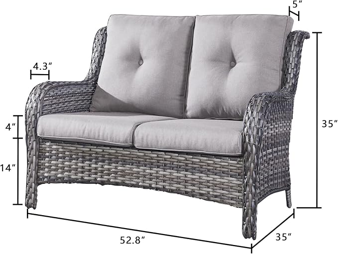 Rilyson Luxury Patio Outdoor Wicker Loveseat, 500 Lbs Weight Capacity Rattan Outdoor 2 seat Sofa Wicker with Deep Seating and Replaceable Cushions for Outside Porch Deck Balcony (Mixed Grey/Grey)