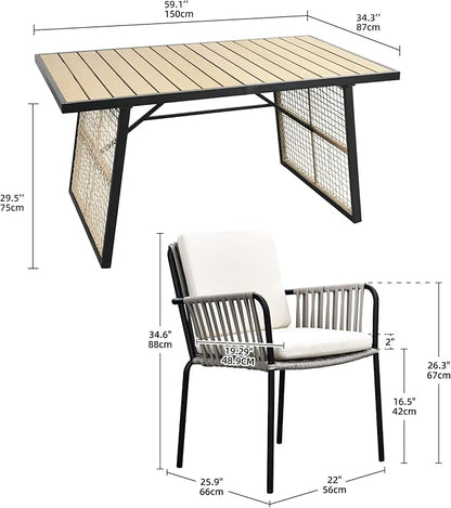 YITAHOME Outdoor Patio Dining Set 5-Piece 59.1" * 34.3" Outdoor Table and Chairs Patio Dining Furniture Sets for 4 with Stackable Chairs and Cushions Outdoor Dining Table Set for Garden Lawn Porch