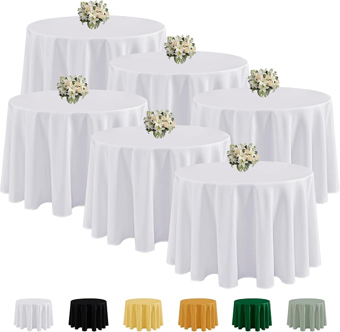 Fitable 6 Pack White Round Tablecloths - 108 Inches in Diameter | Wrinkle & Stain Resistant, Washable Polyester Fabric Cloth Cover, For Wedding, Party, Banquet, Formal Events