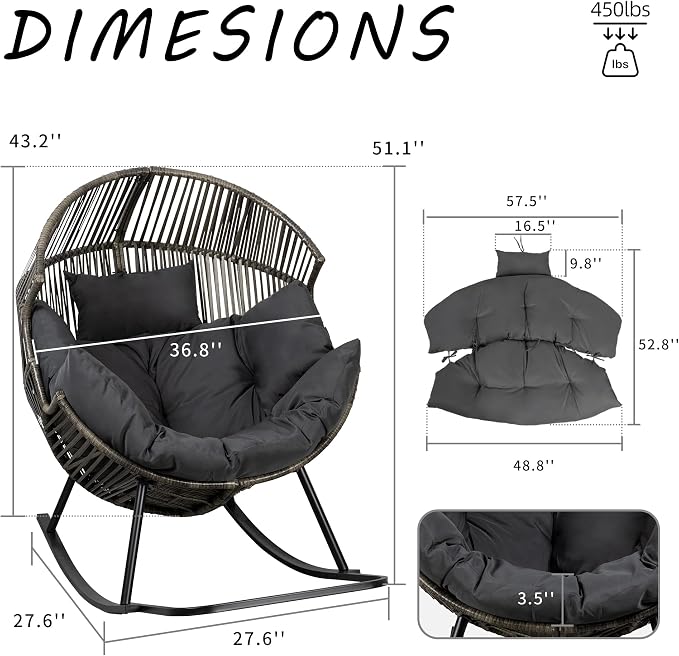 Shintenchi Wicker Egg Chair,Oversized Outdoor Indoor Rocking Chair, Large PE Rattan Rocking Chair with Cushion for Patio, Balcony, Backyard, Garden, Deep Grey