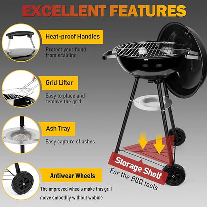 Joyfair 18 Inch Kettle Charcoal Grill with Charcoal Chimney Starter, Outdoor Barbecue Grill for Camping/Backyard/Tabletop Grilling, Portable Round Smoker with Wheels