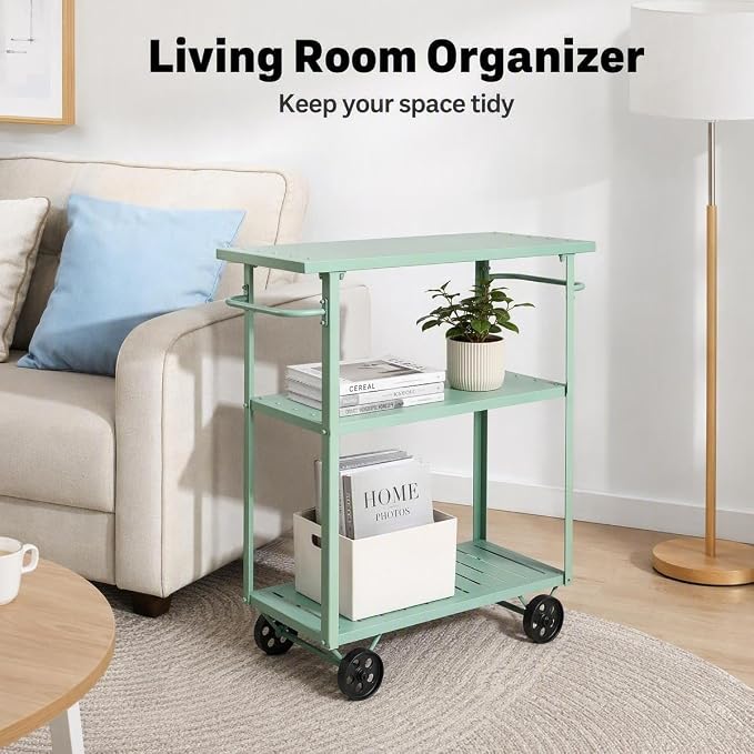 3-Tier Metal Rolling Cart with Wheels, 39.37x15.74x41 in, Pea Green | Indoor & Outdoor Use, Convenient Handles, Waterproof & Rustproof, Stronger Load Bearing, Kitchen & Garden Use
