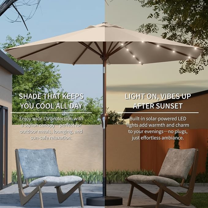 10FT Solar Umbrella 32 LED Lighted Patio Umbrella Table Market Umbrella w/Tilt and Crank, UV-Resistant Outdoor Umbrella for Pool, Garden, Deck, Beige