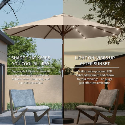 10FT Solar Umbrella 32 LED Lighted Patio Umbrella Table Market Umbrella w/Tilt and Crank, UV-Resistant Outdoor Umbrella for Pool, Garden, Deck, Beige