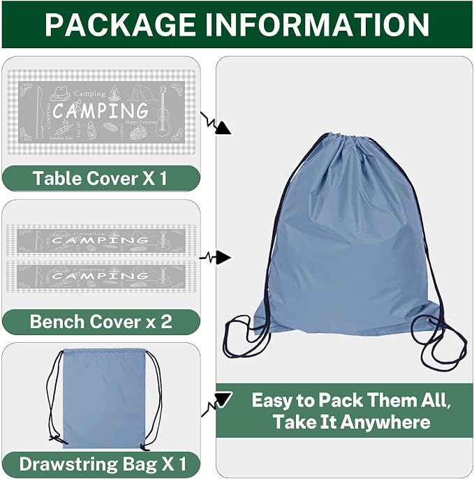 Picnic Table Cover with Bench Covers Elastic Edges, Grey Camper Fitted Table Cover, Outdoor Patio Camping Essentials 72 Inch 3PCS, Waterproof Camping Fitted Tablecloth with Drawstring Bag