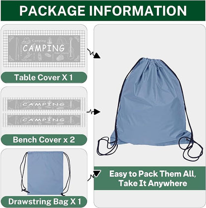 Picnic Table Cover with Bench Covers Elastic Edges, Grey Camper Fitted Table Cover, Outdoor Patio Camping Essentials 72 Inch 3PCS, Waterproof Camping Fitted Tablecloth with Drawstring Bag