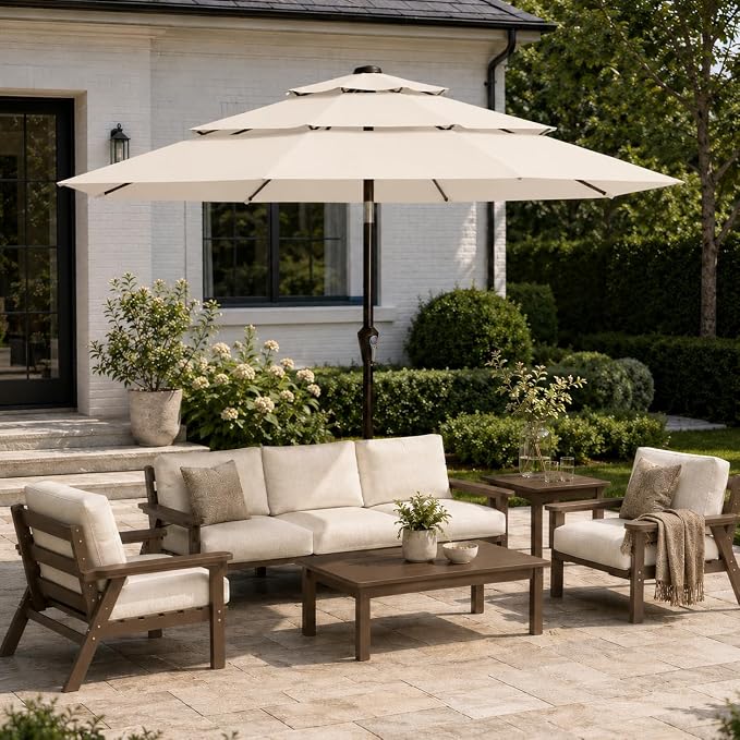10ft Patio Umbrella, 3-Tier Vented Outdoor Table Umbrella with 8 Sturdy Fiberglass Ribs, Windproof Market Umbrella with Push Button Tilt and Crank, UV Protection for Deck, Pool, Creamy White