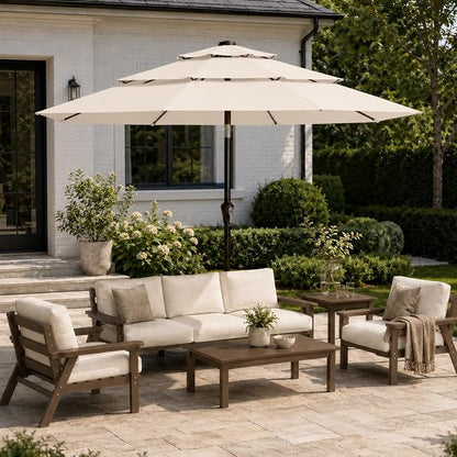 10ft Patio Umbrella, 3-Tier Vented Outdoor Table Umbrella with 8 Sturdy Fiberglass Ribs, Windproof Market Umbrella with Push Button Tilt and Crank, UV Protection for Deck, Pool, Creamy White