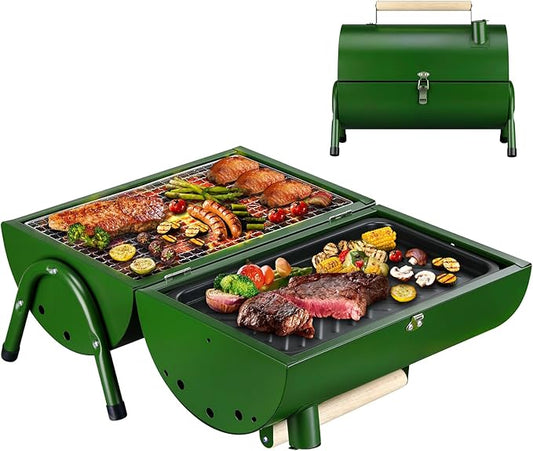 PIQUEBAR Portable Charcoal Grill, Small BBQ Grill with Smoker Double-Side Use Outdoor for Camping, Tabletop Compact Barbecue Grill, Grass Green