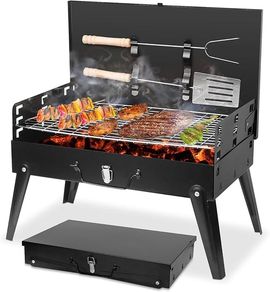 Portable Charcoal Grill - Foldable BBQ Grill with Adjustable Height & Convenient Storage for Outdoor Cooking, Picnics, Camping, and Backyard Grilling (16.7x10x17.7in)
