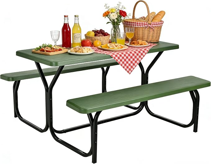 COSTWAY Outdoor Picnic Table, HDPE Plastic Picnic Table Bench Set | Weather Resistant Tabletop & Wood Texture, Ideal for Patio, Backyard (59" D x 54" W x 28.5" H,Green)