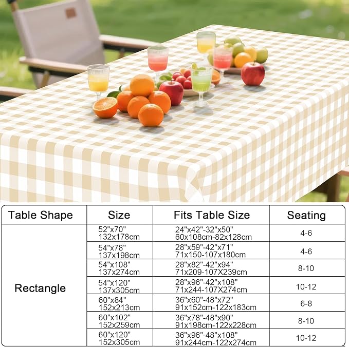 Smiry Picnic Table Cloth, Vinyl Tablecloths with Flannel Backing, 60"x60" | Waterproof Square Table Cloth, Wipeable Buffalo Plaid Table Cover for Indoor and Outdoor (White & Beige)