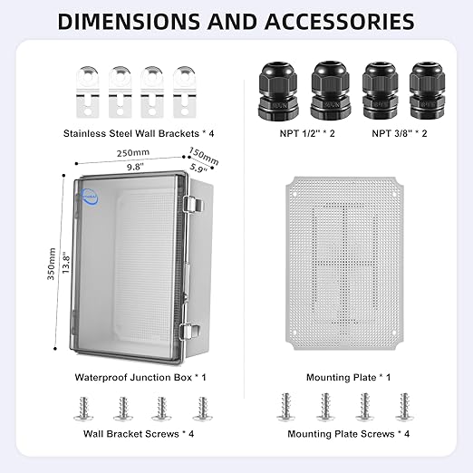 RTHIEAI Waterproof Outdoor IP67 Junction Box (13.8"x9.8"x5.9") with Mounting Plate, Hinged Clear Cover and Wall Brackets - Weatherproof ABS Plastic Electrical Enclosure for DIY Projects(350x250x150mm)