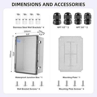 RTHIEAI Waterproof Outdoor IP67 Junction Box (13.8"x9.8"x5.9") with Mounting Plate, Hinged Clear Cover and Wall Brackets - Weatherproof ABS Plastic Electrical Enclosure for DIY Projects(350x250x150mm)