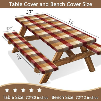Checkered Style Picnic Table Cover with Bench Covers, Camping Essentials, Plaid Waterproof Windproof, Fitted Tablecloth Cover with Elastic Edge, for Indoor, Outdoor, 3 PCS, 30x72 Inch