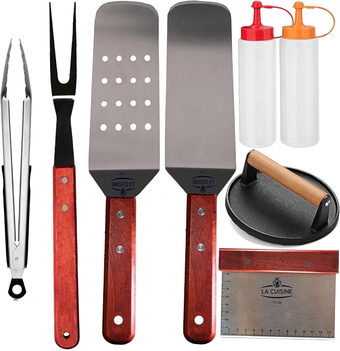 La Cuisine 8 Piece Flat Top Griddle BBQ Accessories Kit with Solid & Perforated Spatulas, Fork, Tong, Cast Iron Meat Press & Squeeze Bottles for Hibachi & Teppanyaki Cooking
