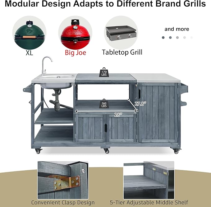 75.4" Outdoor Kitchen Island with Sink, Solid Wood Grill Cart for XL Big Green Egg, Rolling Outdoor Bar Cart with Stainless Steel Top, Adjustable Shelves, 6 Wheels for BBQ Pizza Prep