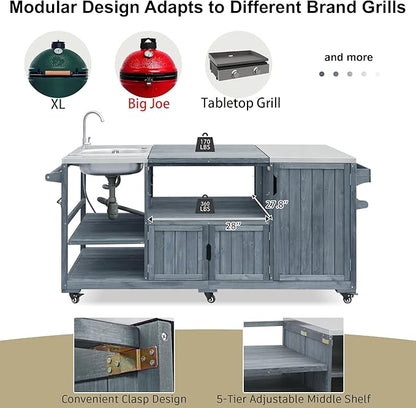 75.4" Outdoor Kitchen Island with Sink, Solid Wood Grill Cart for XL Big Green Egg, Rolling Outdoor Bar Cart with Stainless Steel Top, Adjustable Shelves, 6 Wheels for BBQ Pizza Prep