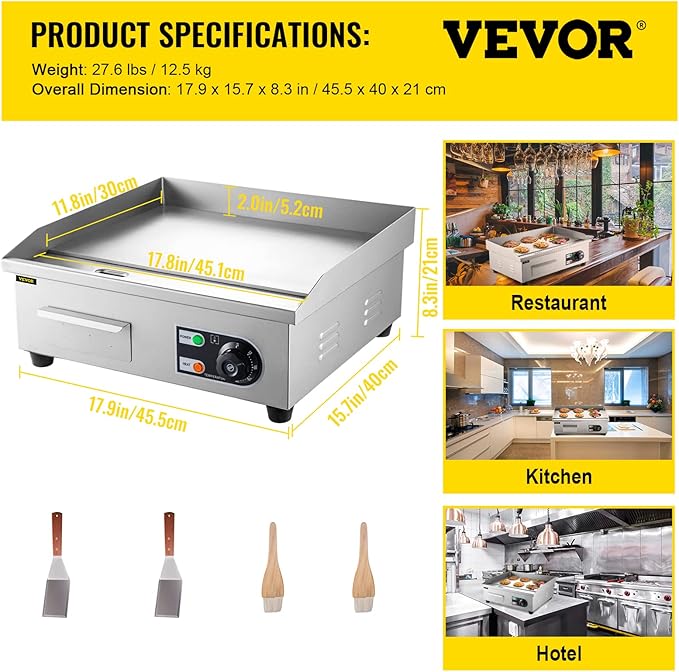 VEVOR Commercial Electric Griddle, 18" Teppanyaki Grill, 1600W Electric Flat Top Grill, Stainless Steel Electric Countertop Griddle w/Drip Hole, 50-300℃ Countertop Griddle for Pancake (No Plug)