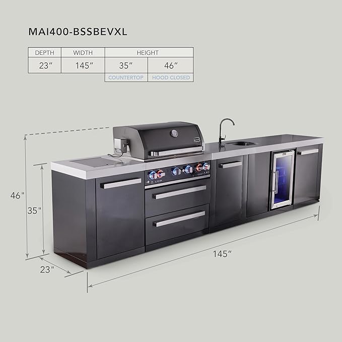 Mont Alpi 145"W x 23"D Black Stainless Steel Outdoor Kitchen Island with Refrigerator Faucet & Sink + 32"W 4-Burner BBQ Grill + Granite Countertops + Storage + Chopping Board + Rotisserie Kit + Cover