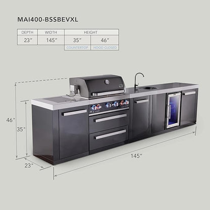 Mont Alpi 145"W x 23"D Black Stainless Steel Outdoor Kitchen Island with Refrigerator Faucet & Sink + 32"W 4-Burner BBQ Grill + Granite Countertops + Storage + Chopping Board + Rotisserie Kit + Cover