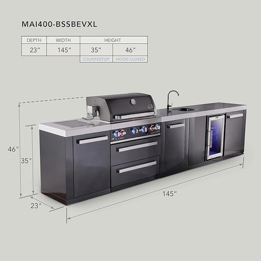 Mont Alpi 145"W x 23"D Black Stainless Steel Outdoor Kitchen Island with Refrigerator Faucet & Sink + 32"W 4-Burner BBQ Grill + Granite Countertops + Storage + Chopping Board + Rotisserie Kit + Cover