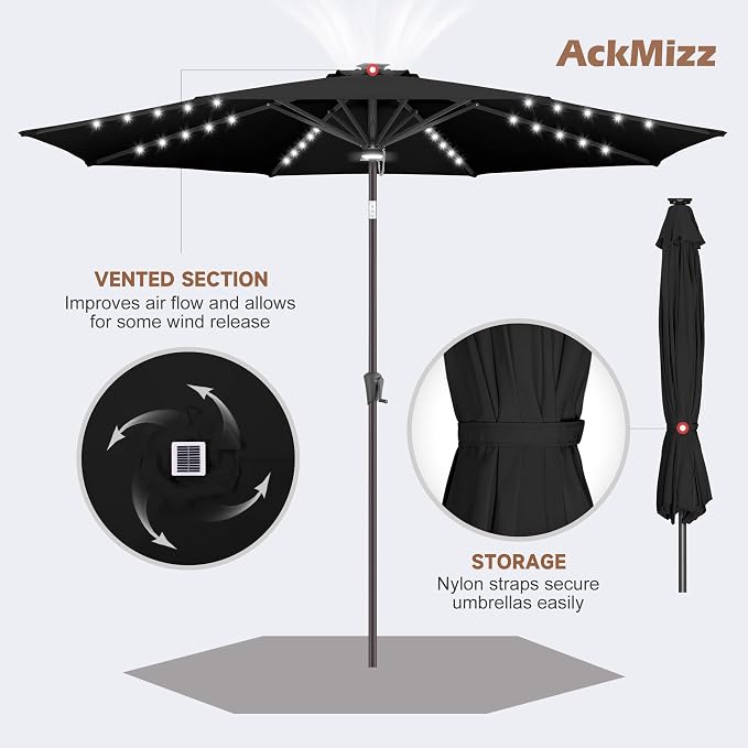 Solar Patio Umbrella Outdoor with Centre Light, 11 ft Black | 40 LED Lights, UV Protection, Solar Outdoor Umbrella for Porch, Deck, Pool, Table, Garden, Provides Evening Lighting