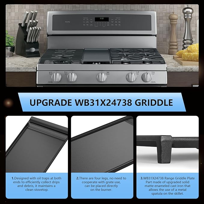 WB31X27151 Side Grate & WB31X24738 Center Griddle Plate Kit Stove Top Griddle Replacement for GE General Electric Stove Cast Griddle Pan for JGBS66REKSS JGB735SPSS JGBS86SPSS