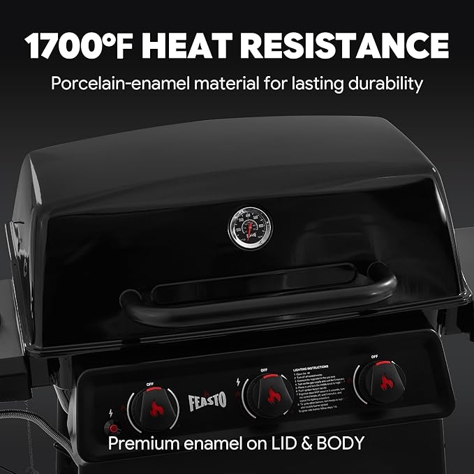 Feasto 3 Burner Propane Gas Grill with Side Burner, Porcelain-Enamel Main Body and Lid, Propane BBQ Grill with 38,000 BTUs Output & Side Table for Patio, Backyard, Poolside Gatherings