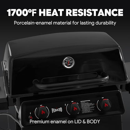 Feasto 3 Burner Propane Gas Grill with Side Burner, Porcelain-Enamel Main Body and Lid, Propane BBQ Grill with 38,000 BTUs Output & Side Table for Patio, Backyard, Poolside Gatherings