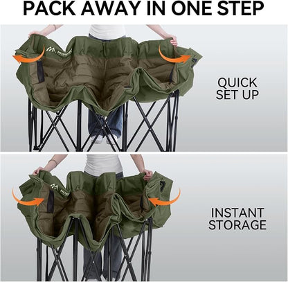 Huskfirm 3 Person Camping Chairs Folding Double Camp Chair for Adults Green | Oversized Loveseat Camping Chair Padded Heavy Duty Camping Couch for Outdoor Lawn with Two Cup Holders and Carry Bag