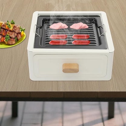 Portable Charcoal Grill, 12.2”x12.2” Square Tabletop BBQ Stove for Outdoor Cooking, Camping, Picnics, Hiking, Compact Outdoor BBQ Grill w/Grill Net & Baking Tray for Barbecuing (White)