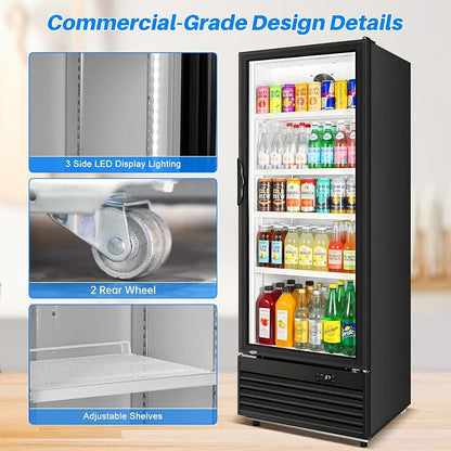 Commercial Beverage Refrigerator, 24.5" Glass Door Display Fridge, 15 Cu.Ft Freestanding Beverage Cooler with 4 Adjustable Shelves, Auto Rebound Door, Low Noise, for Shops, Restaurants & Bars, Black
