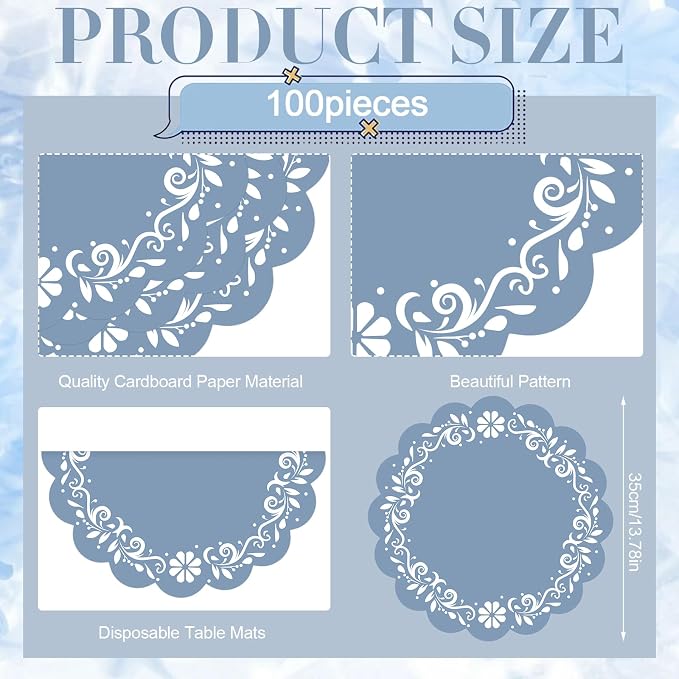 100 Pcs Blue Talavera Mexican Paper Placemats 13.5 Inch Cielito Lindo Party Decoration Disposable Scalloped Platos De Barro Mexicanos Paper Table Mat for Fiesta Wedding Baby Shower Party Decor