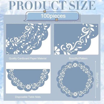 100 Pcs Blue Talavera Mexican Paper Placemats 13.5 Inch Cielito Lindo Party Decoration Disposable Scalloped Platos De Barro Mexicanos Paper Table Mat for Fiesta Wedding Baby Shower Party Decor