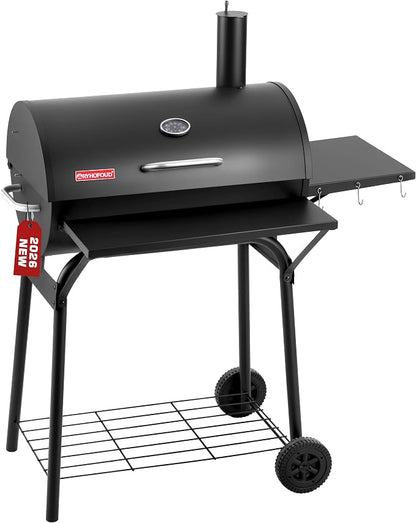 Barrel Charcoal Grill, 554 Sq. In. Large Outdoor BBQ Grill | 4-position adjustable charcoal pan, thermometer, warming rack, front shelf, folding side table, wheels and storage rack